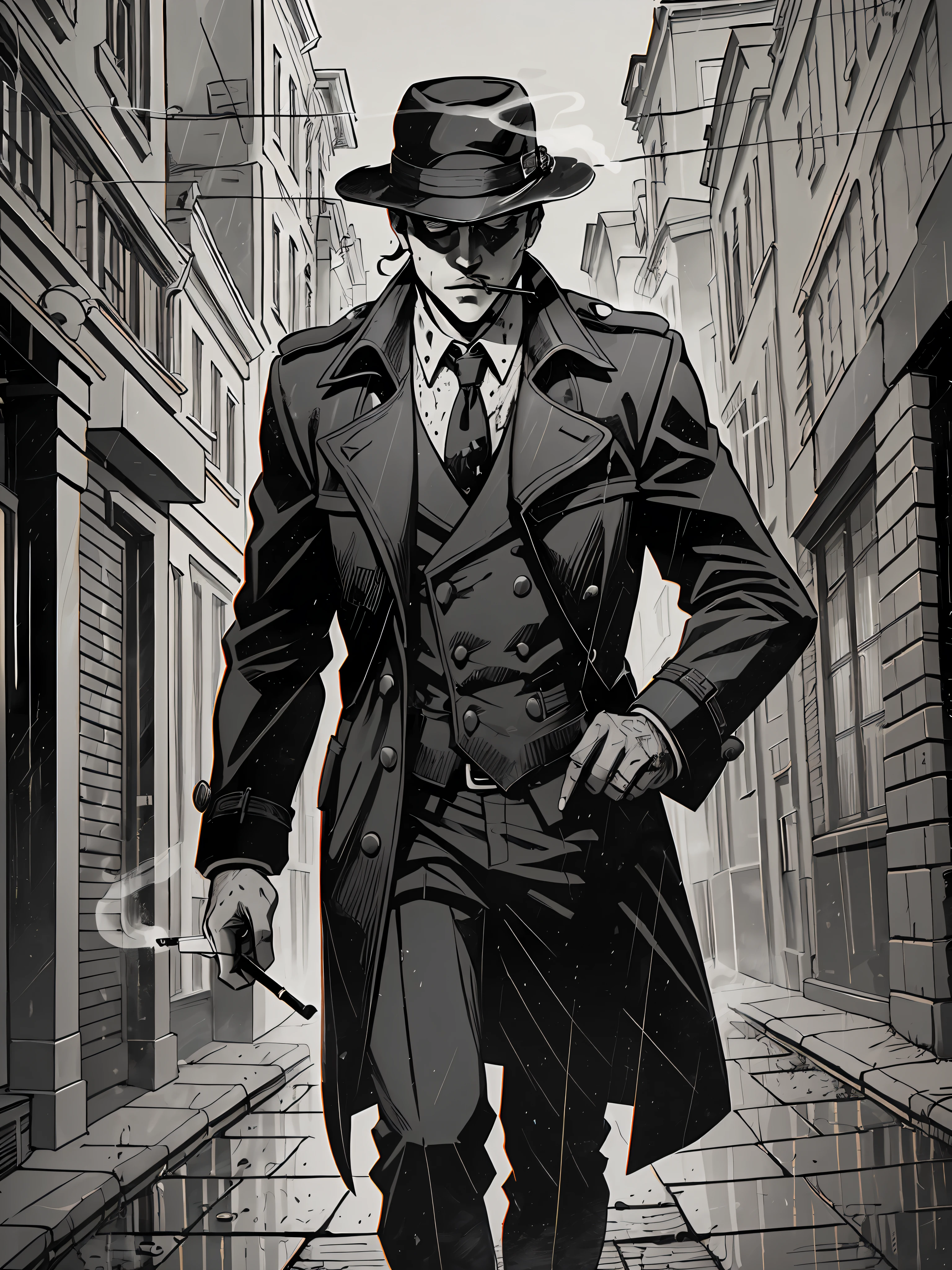 (Noir Comics-style illustration:1.2),(St. Petersburg:1.1), black and white, high contrast, gritty, gloomy, raining, moody, detective in a trench-coat, fedora hat, smoking a cigarette, murder scene, blood-stained weapon, alleyway