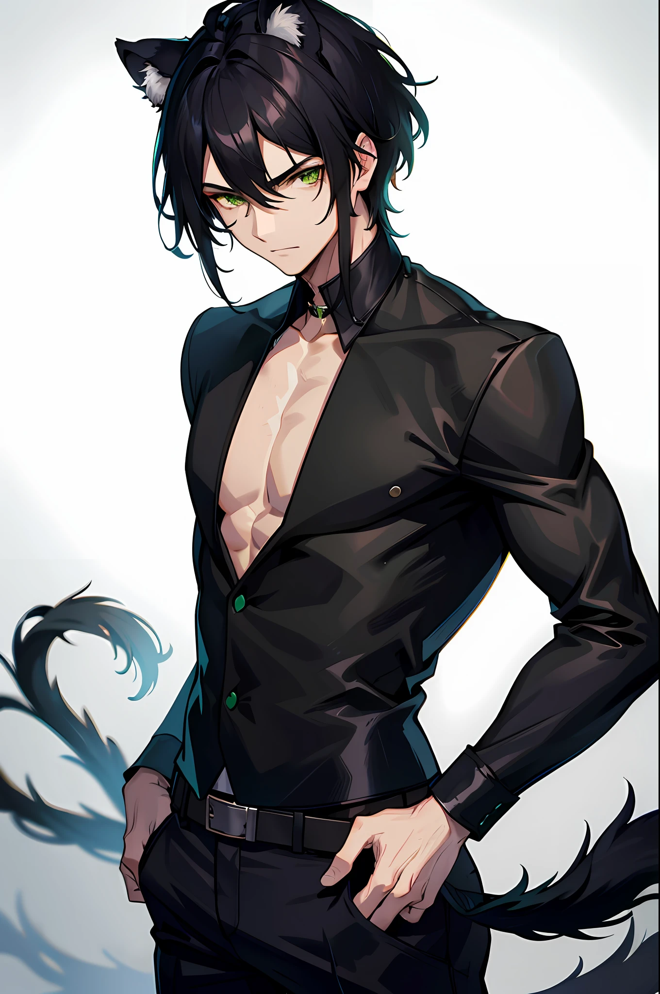 Anime guy with black hair and green eyes in a black shirt - SeaArt AI