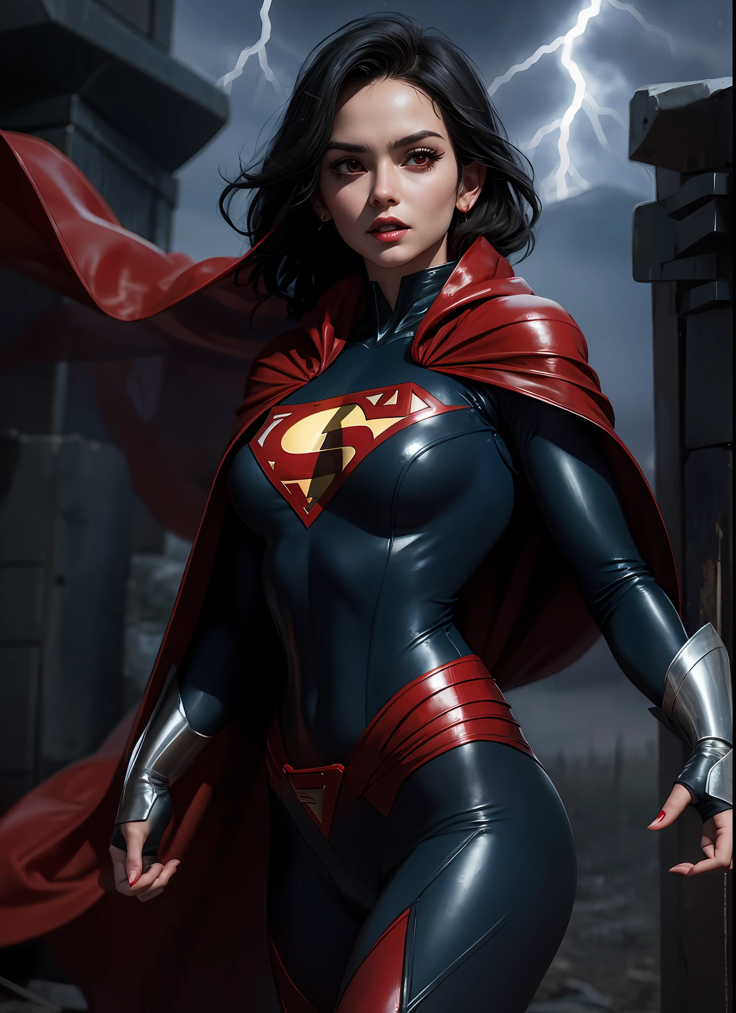 Lady in Superman costume flying in the sky, short black hair, big tits, red cloak, glowing red eyes, hands up, storm, dark clouds, lightning, night, lightning, rain, particles