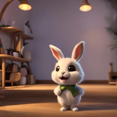 Cute adorable little bunny waving and smiling greeting me, unreal engine, cozy interior lighting, art station, detailed digital ...
