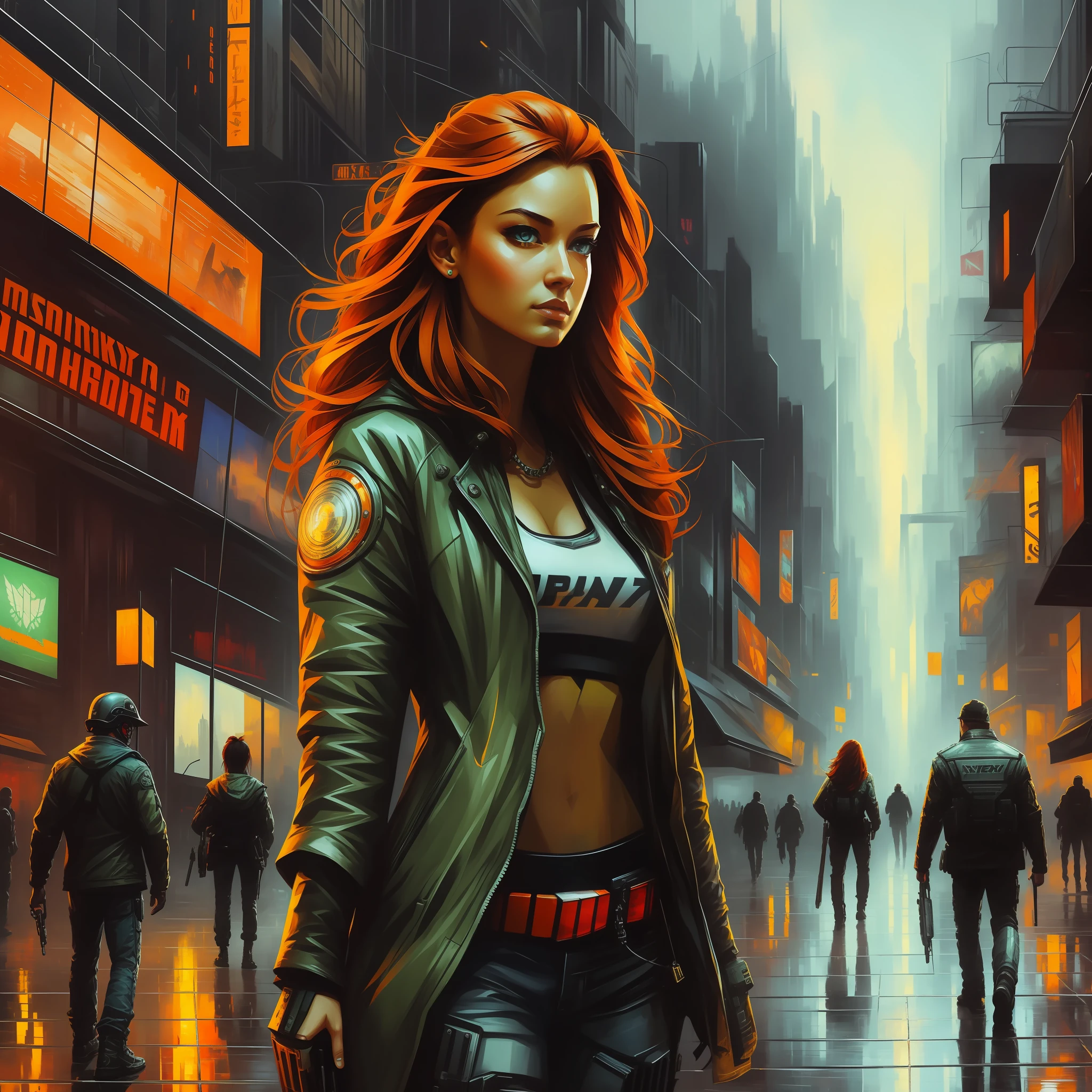 Cyberpunk Ginger Vixen am zentralen Platz der postapokalyptischen Stadt, Lichtfeldfotografie, Weitwinkelobjektiv f/2.8, ultra wahnsinnig hochauflösende, komplizierte Texturen, Textur-Einprägung, 32k RAW-Profi-Foto, perfekte Perspektive, Perfekte Geometrie, ultra wahnsinnige Ambientebeleuchtung, ultra wahnsinnige Umgebungsschatten, Luminismus, ultra detaillierter, geschäftiger Hintergrund, hüpfendes Licht, Tessellation, maximalism, Mit dem IPA Award ausgezeichnetes Meisterwerk, Kunst von Afremov, Knochen, Enami, Jeremy Mann