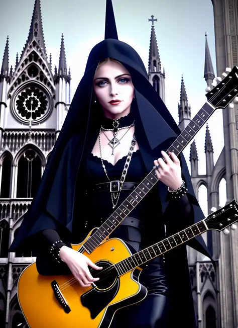 hyperrealistic goth creepy madonna playing a guitar in front of a gothic cathedral, vivid colors, trending on artstation, octane...