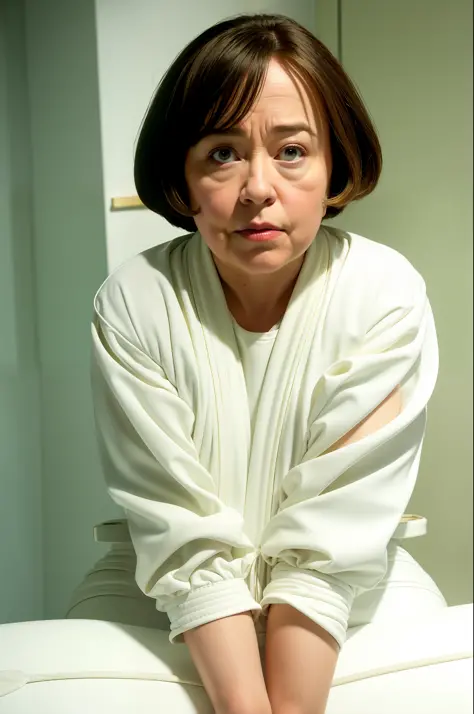 (white straitjacket, many straps, restrain arms, white padded cell) + actress Kathy Bates