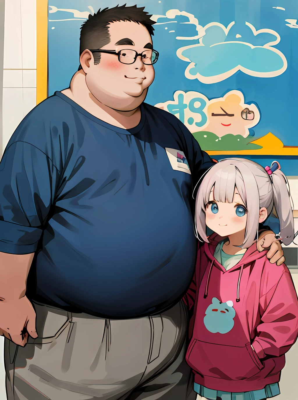 Anime character with a child standing next to a man in a blue shirt -  SeaArt AI