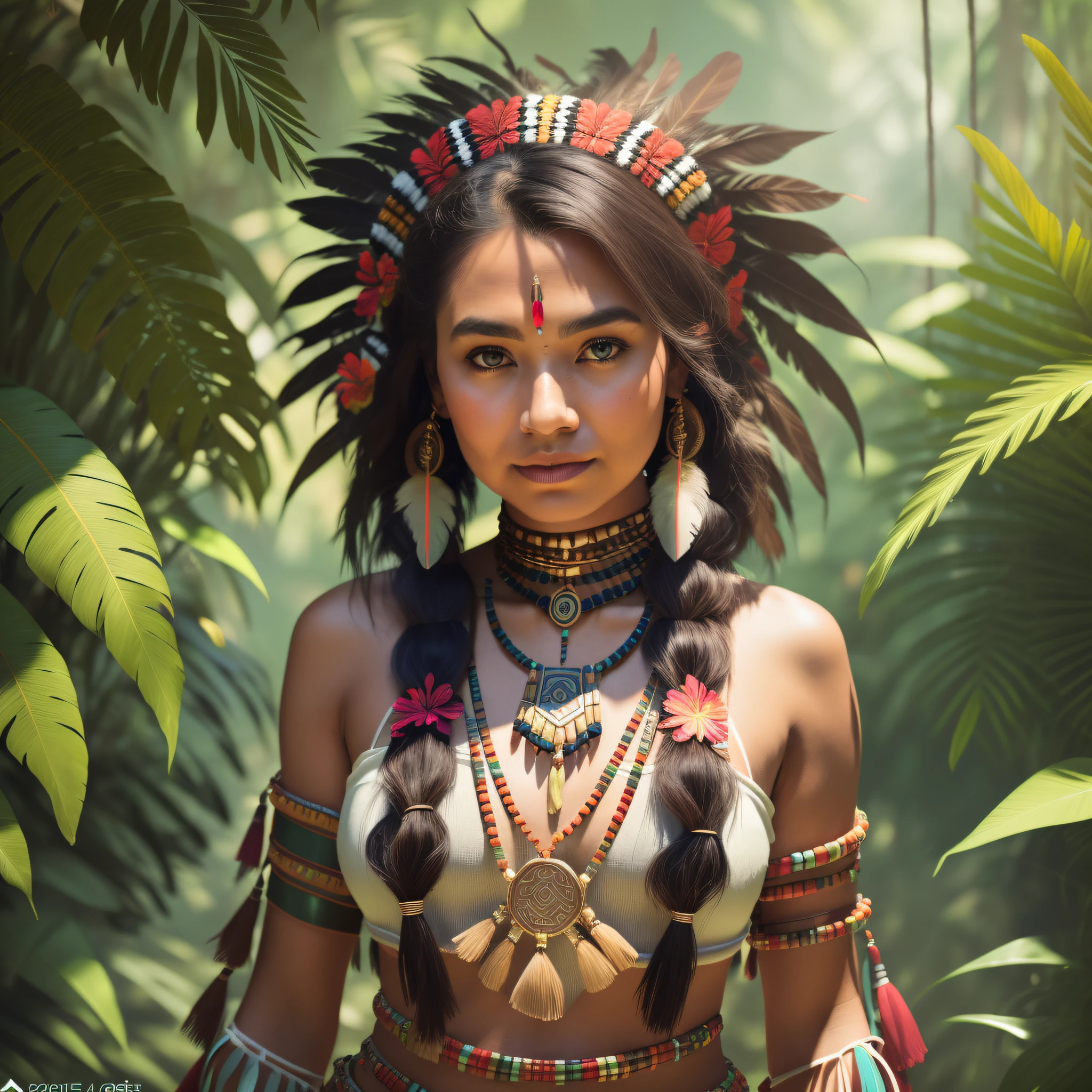 Арафская женщина в родной одежде с перьями и украшениями в джунглях, Портрет ацтекской принцессы, [ тренды на CGSociety ]!!, работа в стиле Гувейза, Тенденции в CG-сообществе, 🌺 cgsociety, deviantart artstation cgscosiety, портрет общества, 3D рендеринг персонажей 8 k, Высококачественная детальная графика 8K