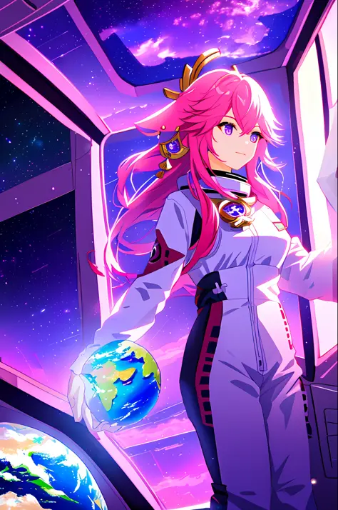 digital art, yae miko, pink hair, purple eyes, (beautiful woman, astronaut clothes), (floating inside a spaceship, window with v...