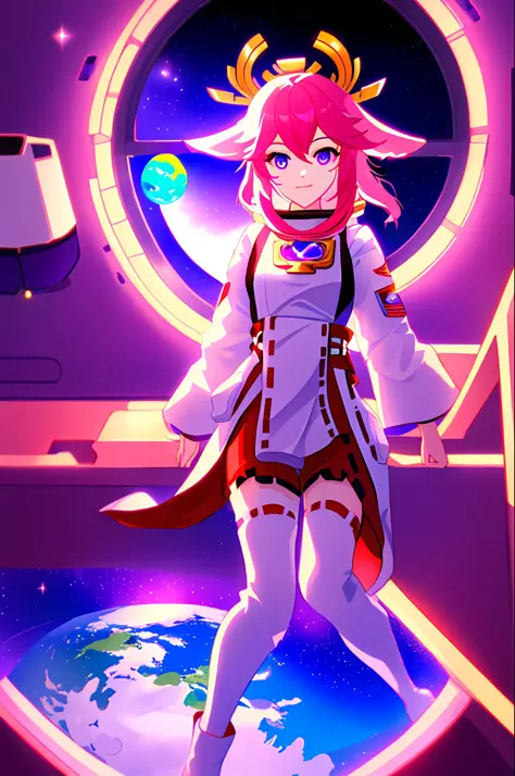 digital art, yae miko, pink hair, purple eyes, (beautiful woman, astronaut clothes), (floating inside a spaceship, window with v...