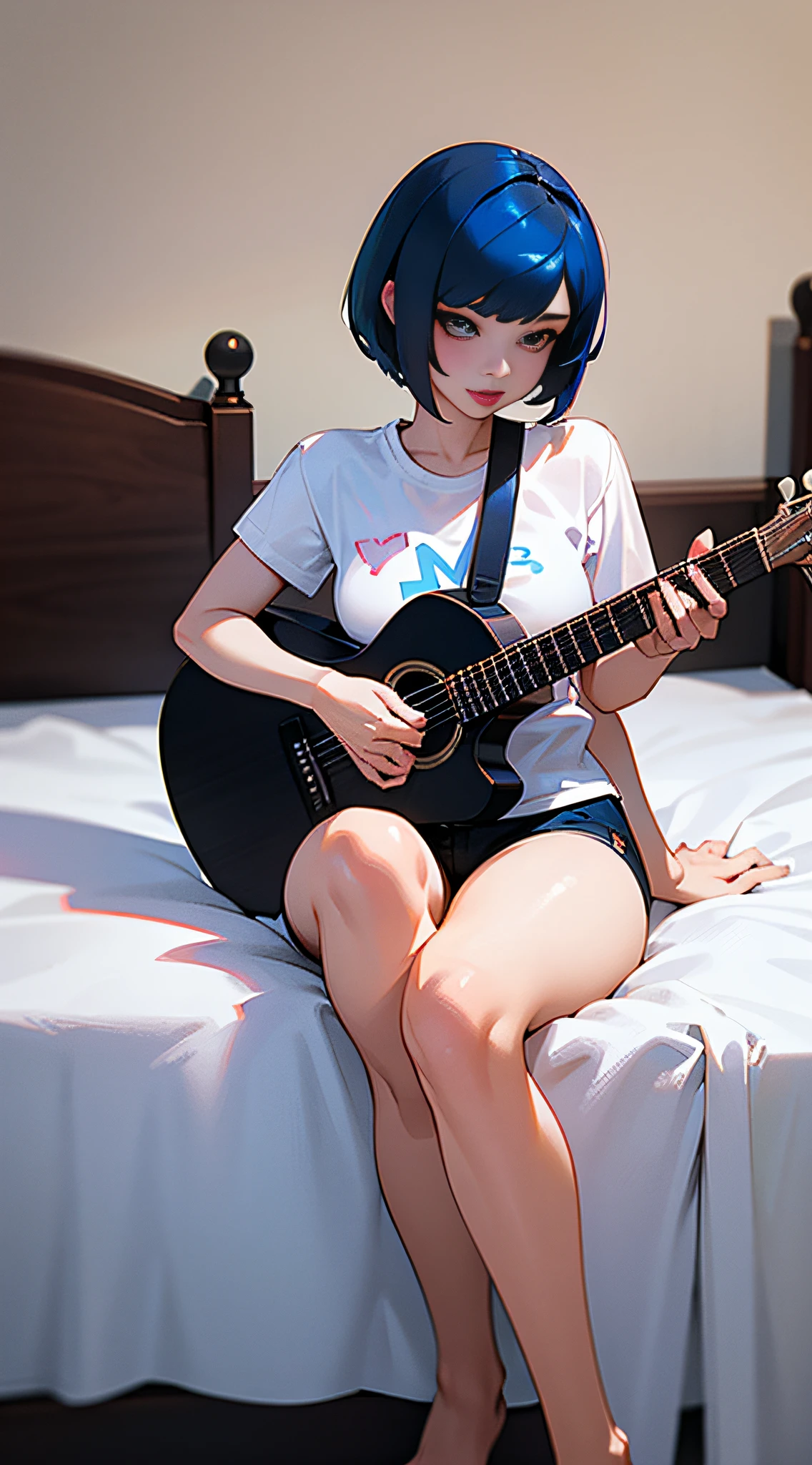 There is a woman sitting on a bed playing a guitar - SeaArt AI