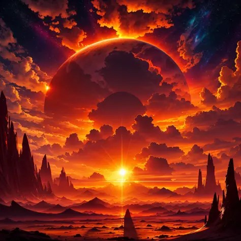 Stunning sunset on a new planet with lots of vibrant colors and warm lighting. The sun's rays break through the clouds, creating...