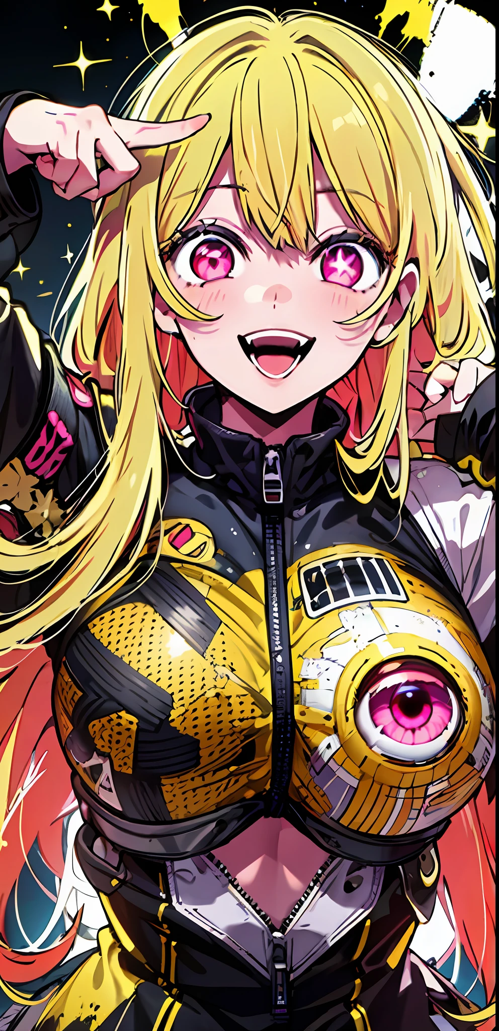 original character , 1girl, (crazy smile:1.2) ,  blonde hair , bangs , crazy eyes , hands on face , yellow blood splatter on face , yellow and black color scheme, open mouth, (wide-eyed:1.2), glowing eyes, left star shaped eye, star shaped eye,  pink eyes, pink eyes