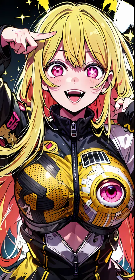 original character , 1girl, (crazy smile:1.2) ,  blonde hair , bangs , crazy eyes , hands on face , yellow blood splatter on fac...