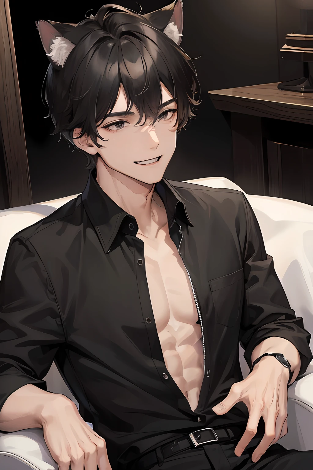 Anime guy with black hair and black shirt sitting in a chair - SeaArt AI