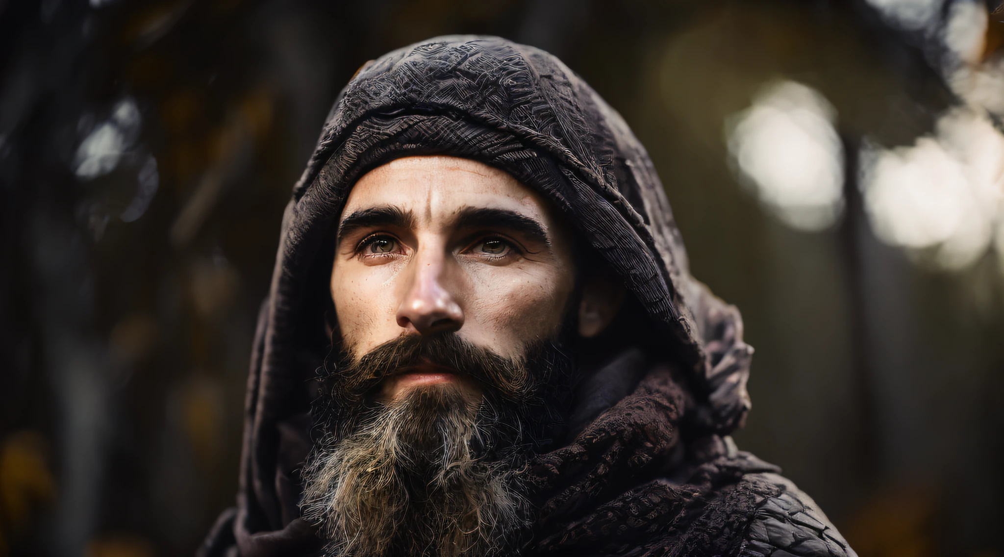 a photo, portrait of a village, white man,beard, night, dark fairy beautiful shrubby autumn forest, dark background, setting before christ, antique clothes Tunic, 16k, low angle, 24 mm lens, (((sharp focus:1.5))), (((depth of sharpness:1.5))), (photorealistic:1.5), (skin texture:1), cinematic, hyperdetailed,