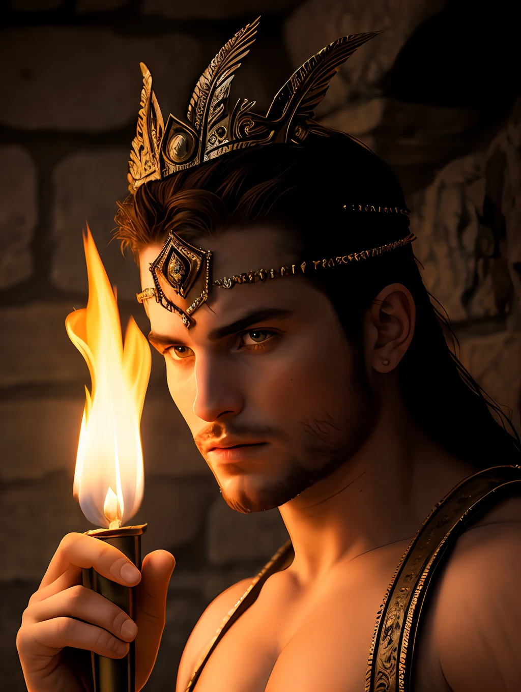 (Highest quality:1.3), cinematic shot, masterpiece, (sharp focus:1.5), (photorealistic:1.3),  medium portrait of (a fierce-looking young fitted gladiator warrior, now the leader of his village, dressed in gladiator clothing, a few torches burn on the walls, giving the scene a dark atmosphere but sculpting the forms in sharp chiaroscuro), it is night time, (highly detailed skin),  (detailed face), detailed background, dark lighting, twilight lighting, volumetric lighting,  intricate details, UHD,