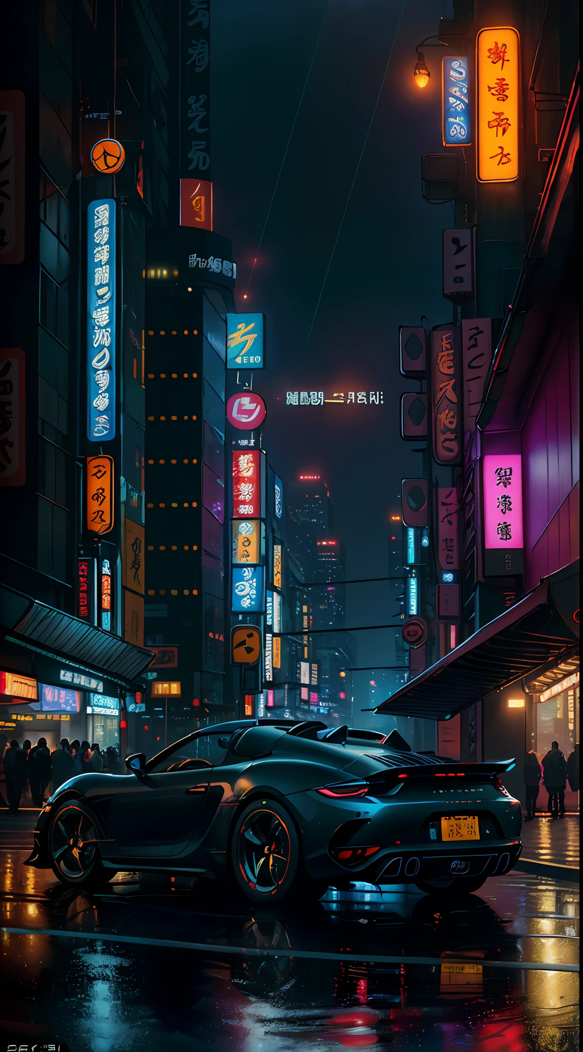 ((最高品質)), ((傑作)), ((シュール)), ((夜)), Jim Lee's majestic detail soふt oil painting, beautiふul neon cyberpunk Tokyo, reふlection, 雨, crowded sci-ふi city streets, ふuturistic car, 夜, 金属, ネオンエッジ照明, 人々, 傘, proふessional, (( 超高層ビル 1.5), 深い影, 傑作, 現実的, 粗さ, ultra-現実的, Canon EOS R5で撮影, 50mmレンズ, ふ/2.8, 高解像度, 8K解像度, 高解像度, 高いディテール, sharp ふocus, 滑らかさ, 粗さ, real liふe, リアリズム, 写真, 8KウルトラHD, (ポルシェロードスター) 1.5