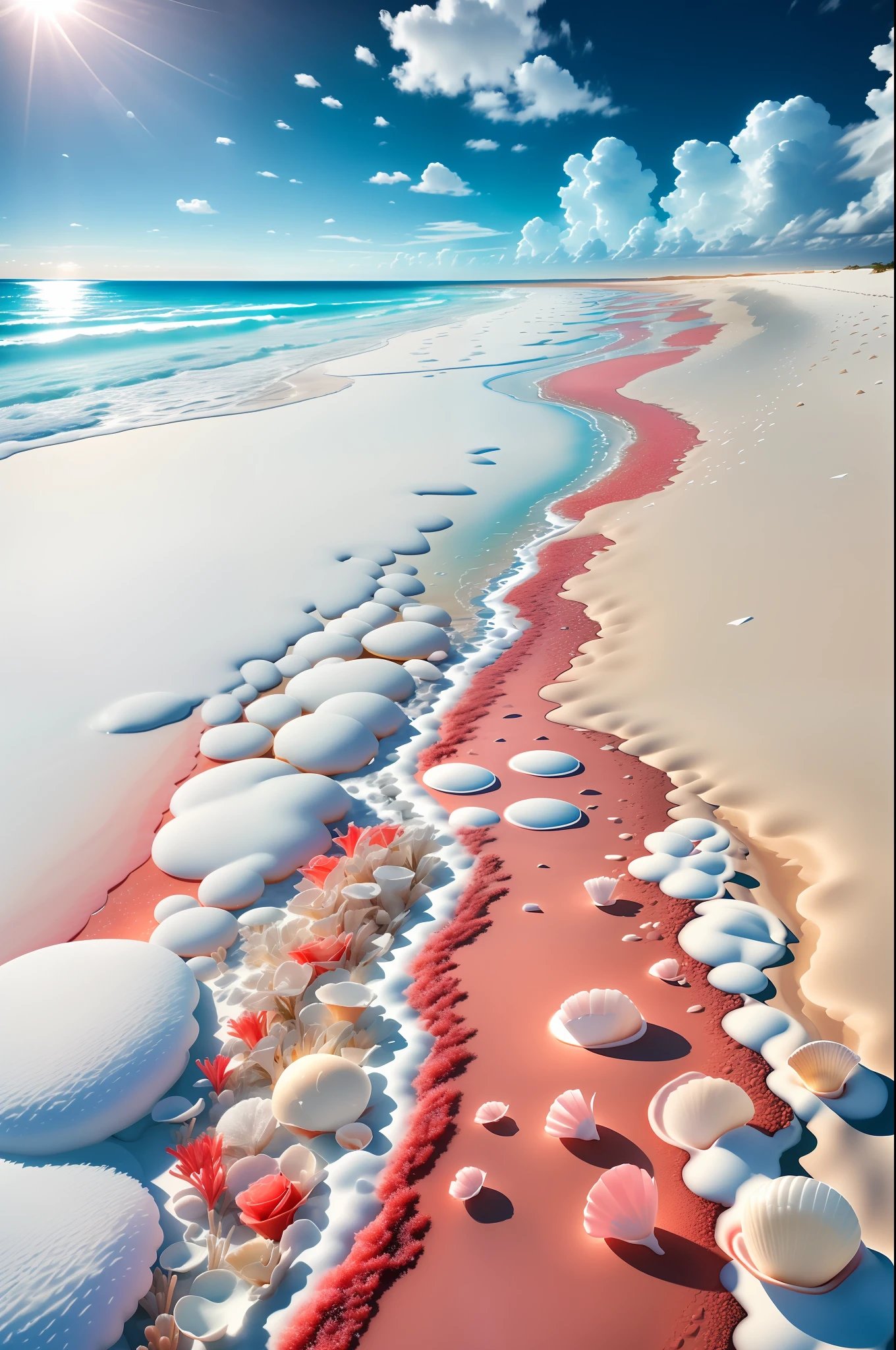 cena delicada,profundidade de campo, 8K, O céu de marfim,nuvens brancas,e a luz do sol brilha na praia branca como a neve. O mar de corais,e muitas conchas coloridas na praia,rosas vermelhas, foco de rosas,