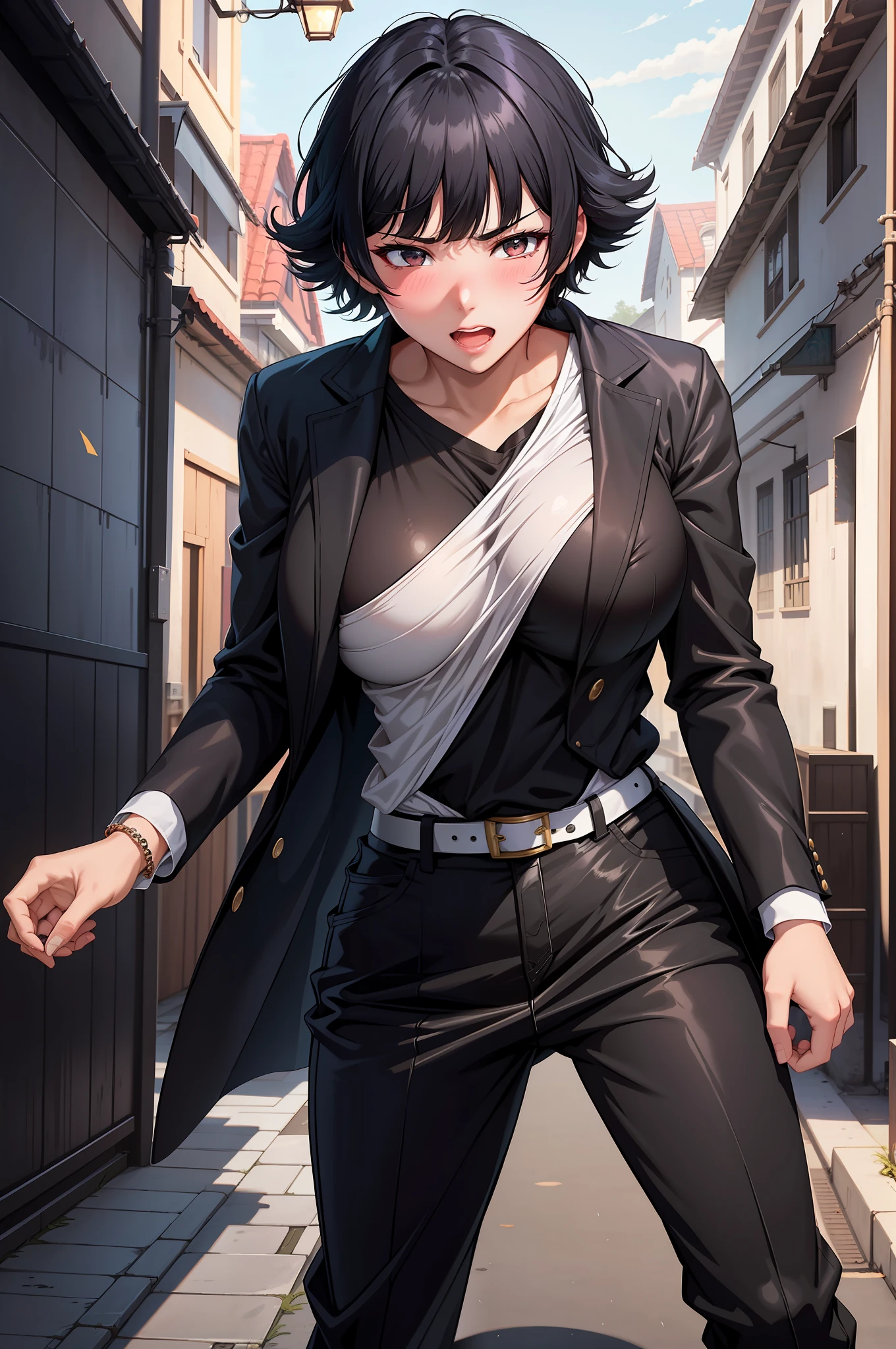 Anime character in a black suit and white shirt standing on a street -  SeaArt AI