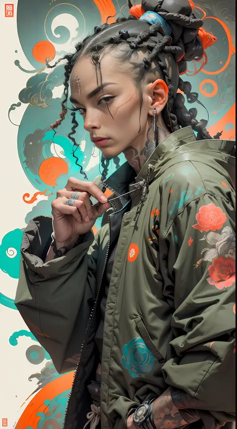wuxia,1rapper with tattoos,dread hair,puffer jacket,super colorful,luminous colorization,sharp, cinematic,dof,35mm,pintura lumin...
