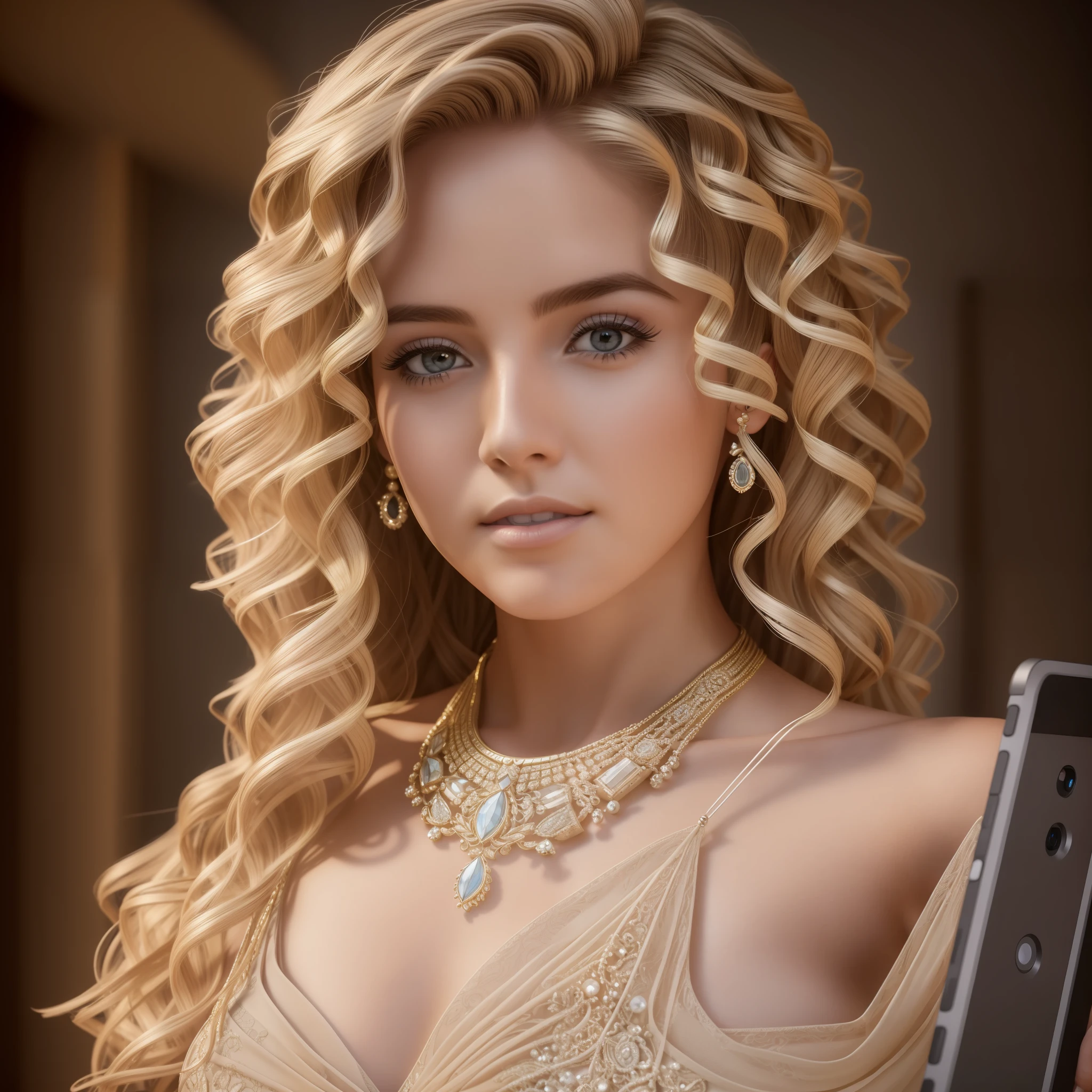 1 woman ((upper body selfie, happy)), best quality, masterpiece, high resolution,ultra-detailed,porcelain dress,hair ornament,necklace,jewelry,beautiful face,blonde curly hair,on top of body,tyndall effect,photorealistic, dark studio,rim lighting,two-tone lighting,(highly detailed skin:1.2),8k uhd, Dslr, soft lighting, high quality, volumetric lighting,  sincere, photography, high resolution, 4k, 8k. --auto --s2