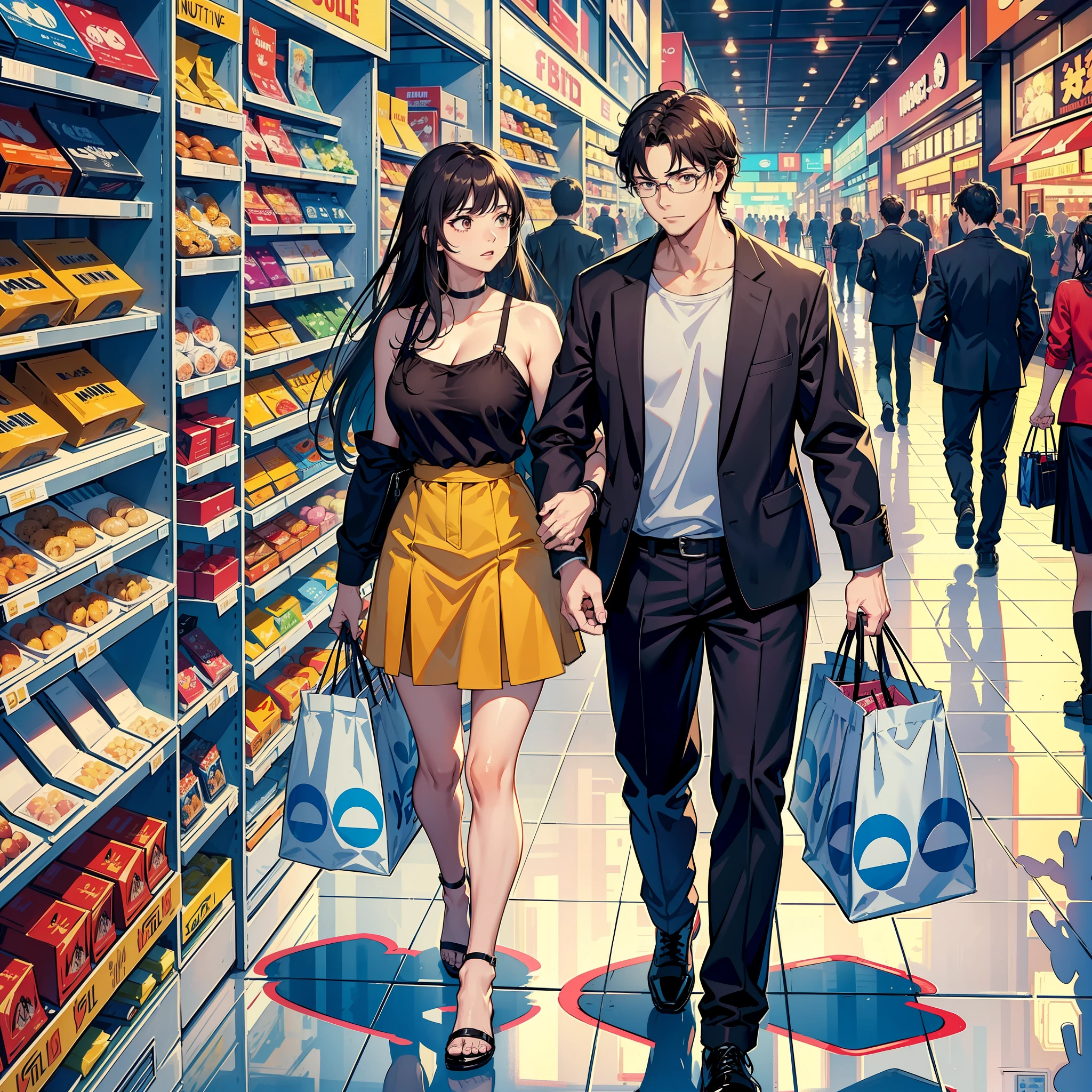 full body, a man and woman couple shopping in a crowded mall, looking each other, ((arguing each other while buy something)), carry huge amount of groceries, crowded mall, perspective, best quality, UHD, high details