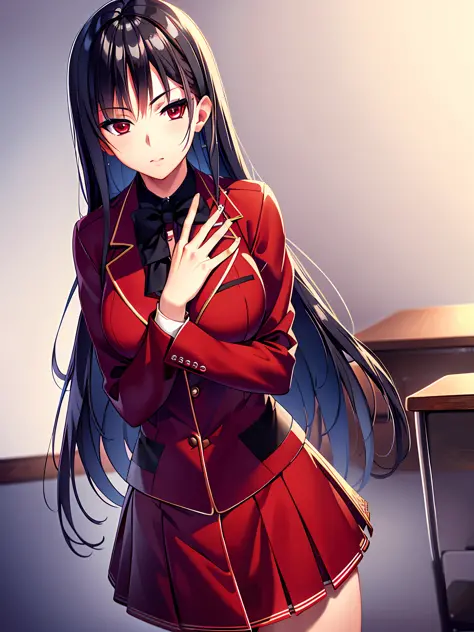 a woman in red school uniform,black hair, red eyes, classroom
masterpeace, best quality, (extremely detailed CG:1.4), highly det...