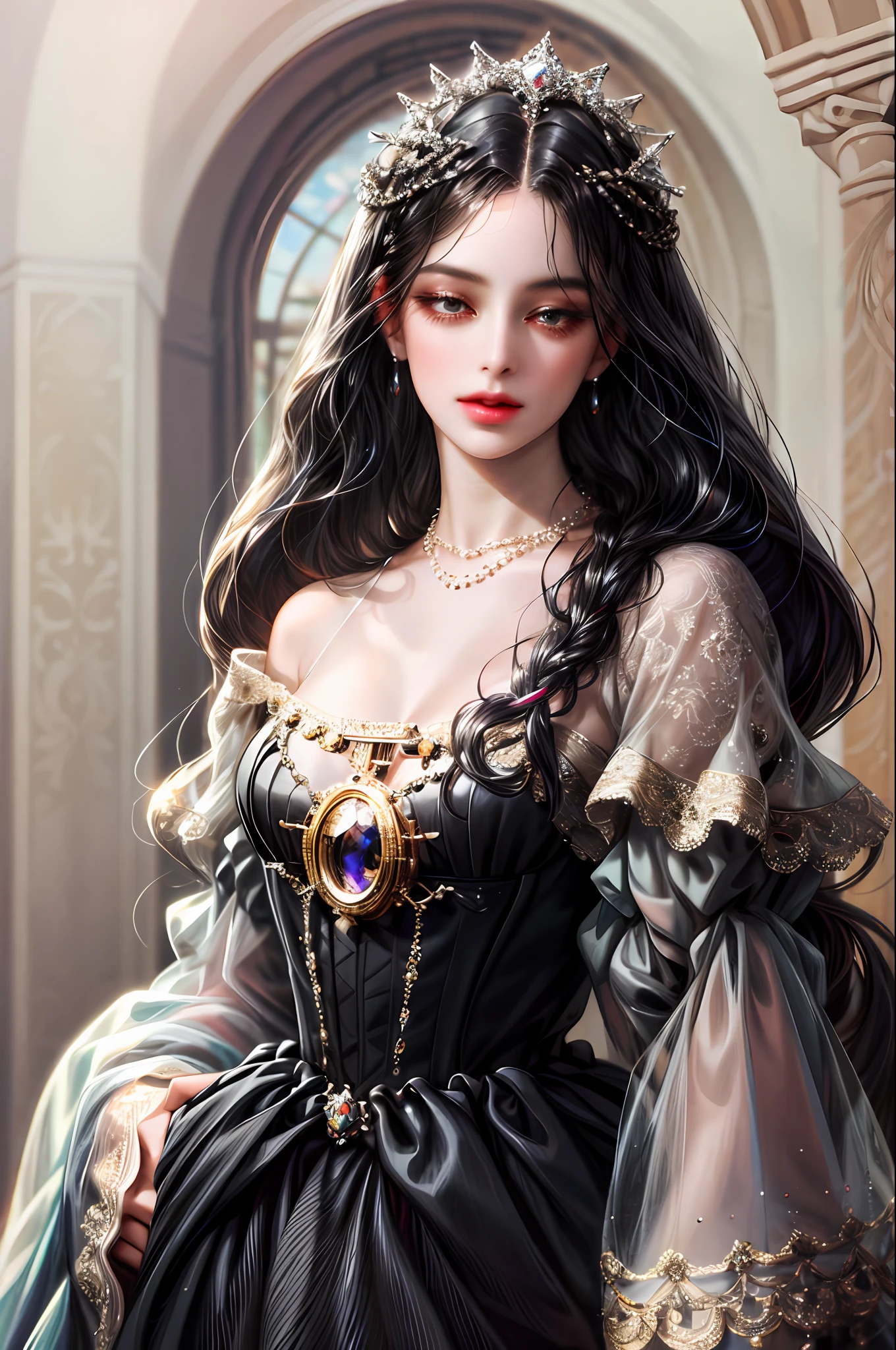 (  Absurdly , High quality , ultra detailed ) , careful to hand , 1girl, solo, mature, (very long hair, black hair), beautiful crystal eyes ( eye detailed ) Baroque, Necklace, long dress, long sleeve, elegant, colorful, highest detailed, upper body