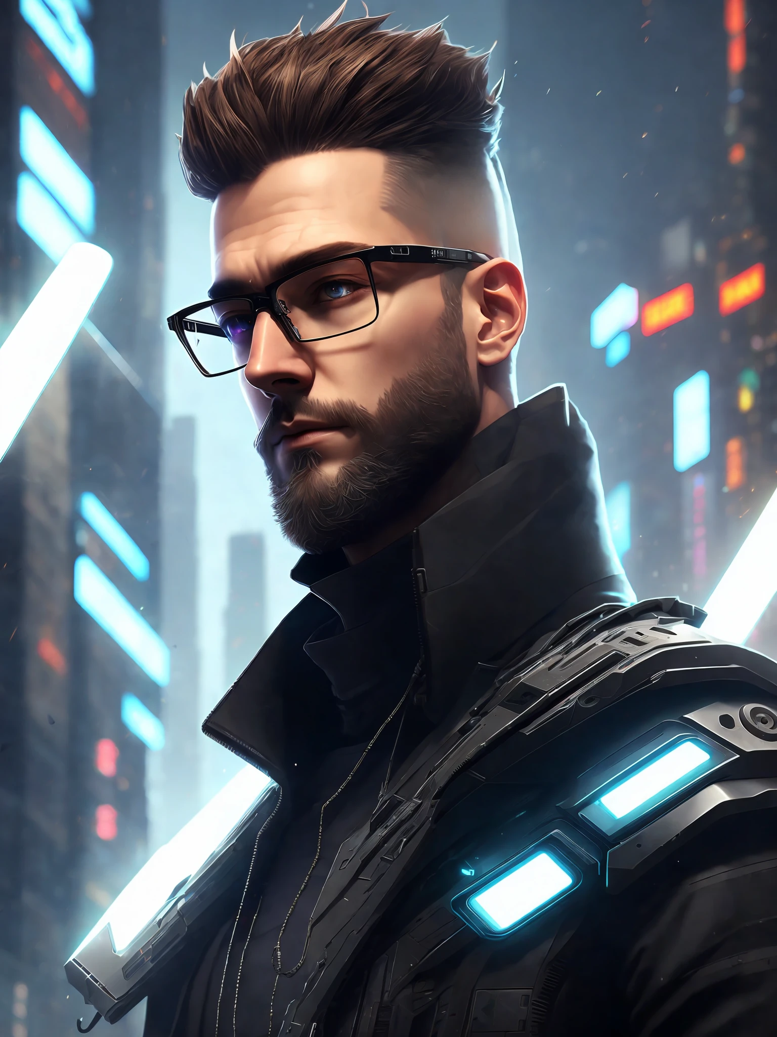 (extremely detailed CG unit 8k wallpaper), (masterpiece), (best quality), (realistic), white man with low beard, cyberpunk, angel, light brown hair, thin beard, glasses with lights, darkness, computers, cybernetic look, night, cyberpunk clothing, neon lights, flying, beautiful and detailed lighting, shadows, dreamlikeart, samdoesart, kuvshinov