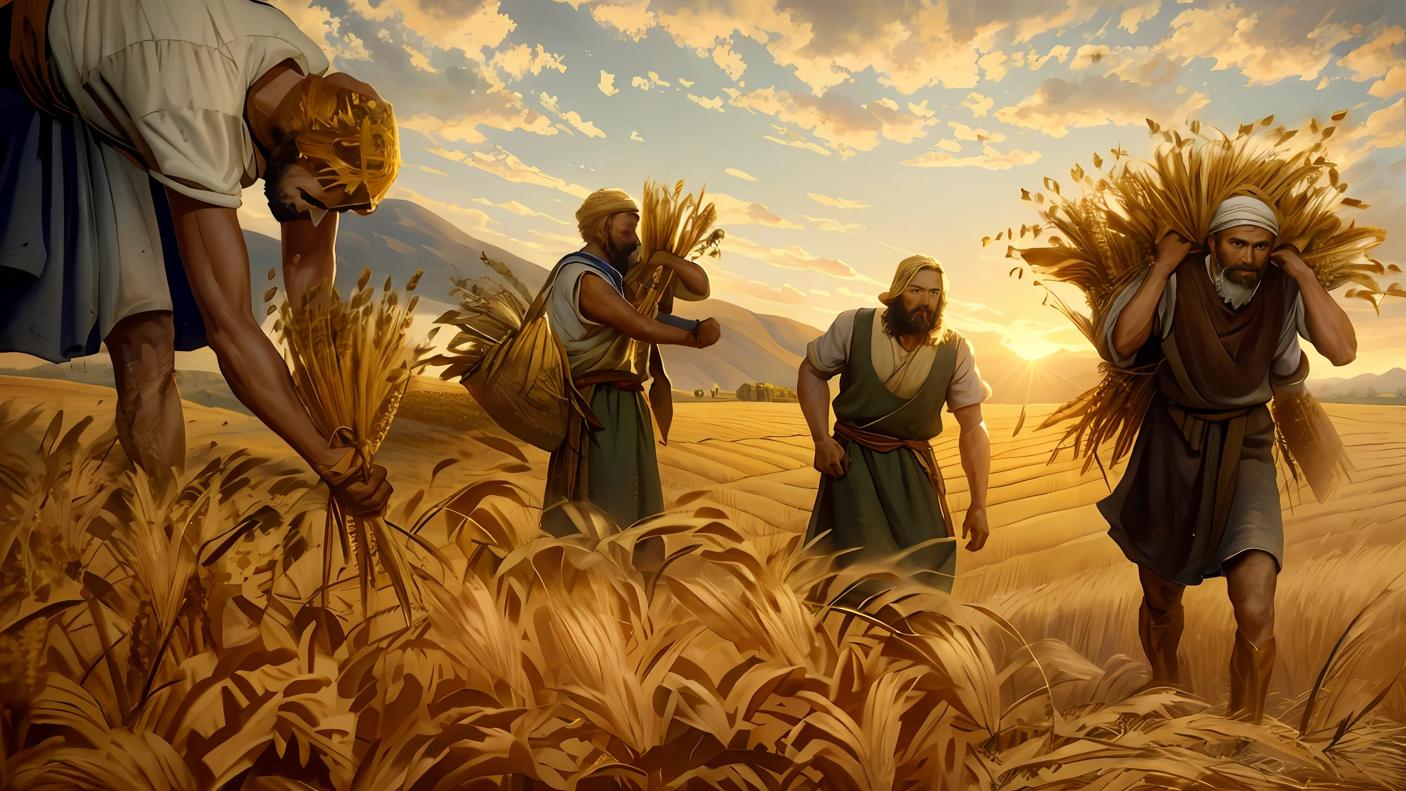 Oil painting, there are three men harvesting wheat in the field, wheat plantation, epic biblical representation, 8k uhd, cinematic lighting, high quality.