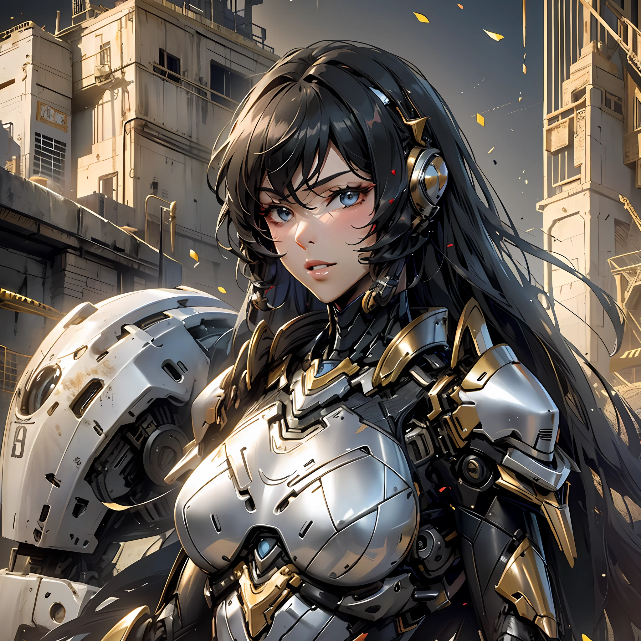 Beautiful tall woman with robotic armor with super realistic and well detailed black hair