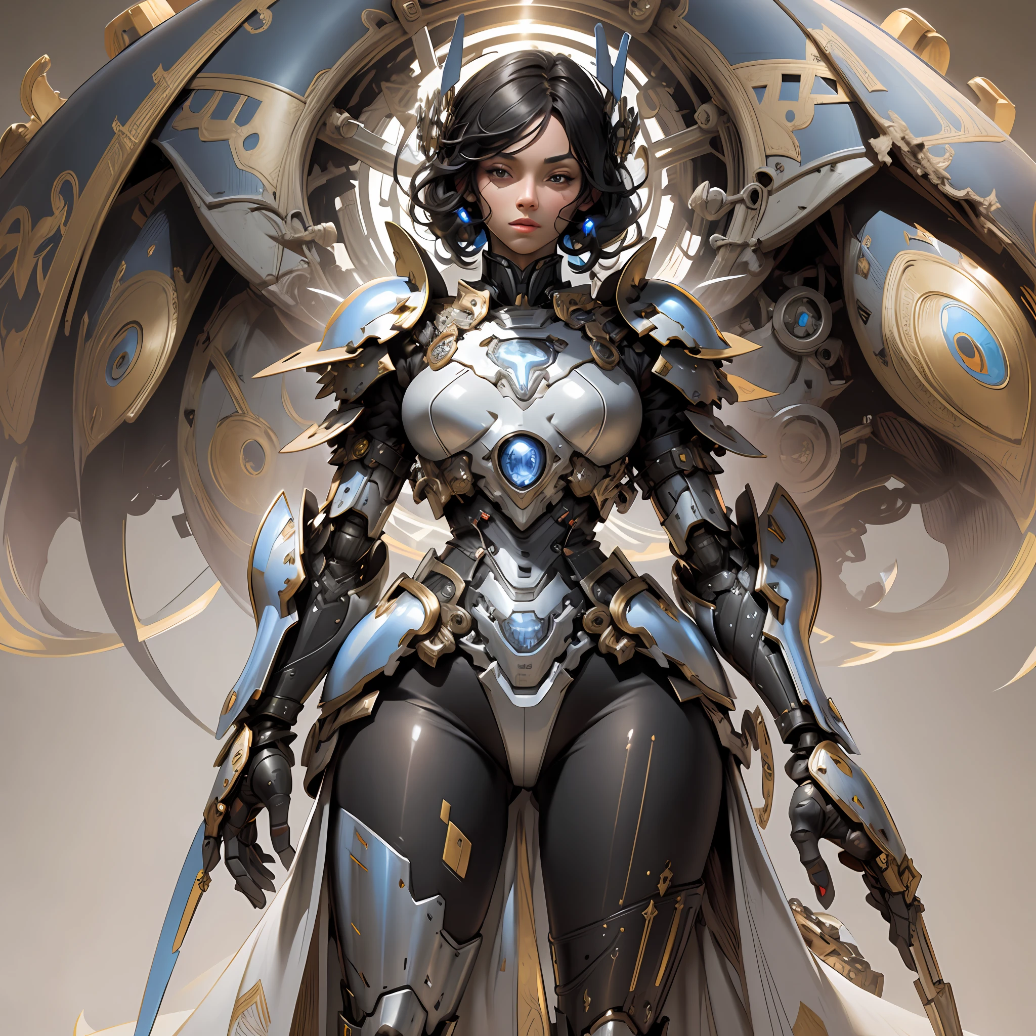 Beautiful tall woman with robotic armor with super realistic and well detailed black hair