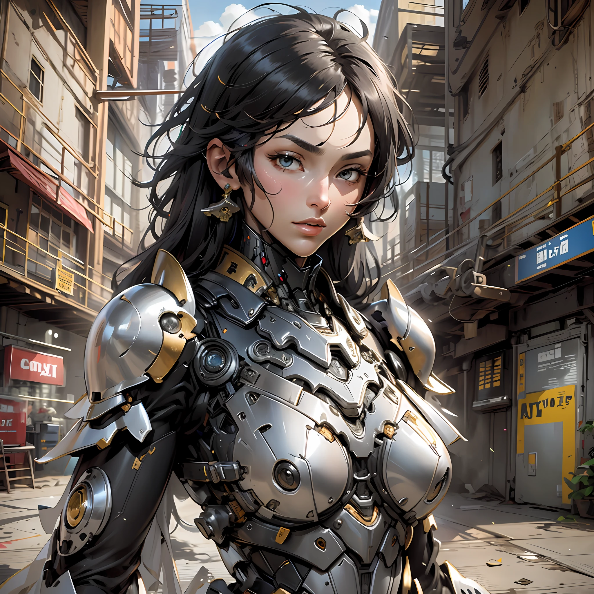 Hermosa mujer alta con armadura robótica con cabello negro súper realista y bien detallado.