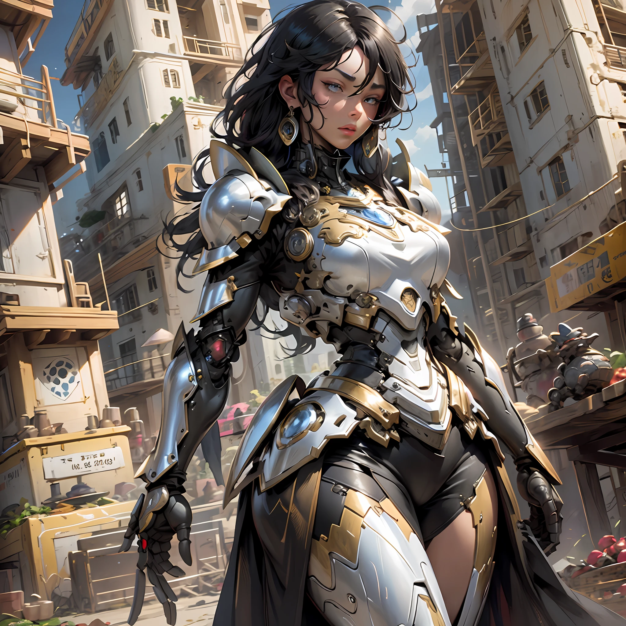 Beautiful tall woman with robotic armor with super realistic and well detailed black hair