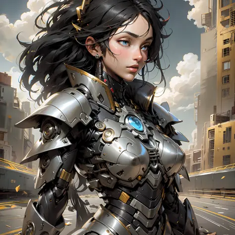 beautiful tall woman with robotic armor with super realistic and well detailed black hair