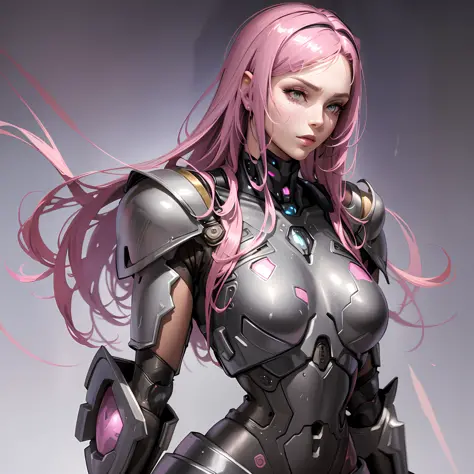 Beautiful tall woman with robotic armor with super realistic and well detailed pink hair