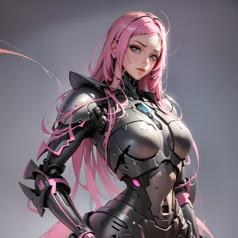 Beautiful tall woman with robotic armor with super realistic and well detailed pink hair