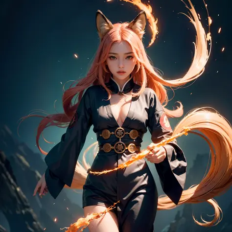 1girl,solo,
official art, unity 8k wallpaper, ultra detailed, beautiful and aesthetic, beautiful, masterpiece, best quality,
Kitsune witch, fox mask, haori jacket, foxfire spell, fox familiar, transformation,
