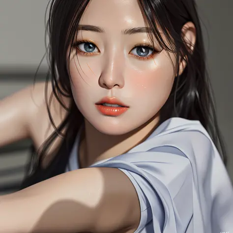 (Photorealism: 1.4), (Masterpiece, Side Lighting, Delicate and Beautiful Eyes: 1.2), Masterpiece * Portrait, Realistic, 3D Face, Shining Eyes, Glossy Hair, Glossy Skin, Solo, Awkward, (Abdomen), Black Collar Sailor Suit, Black Hair, Black Eyes,