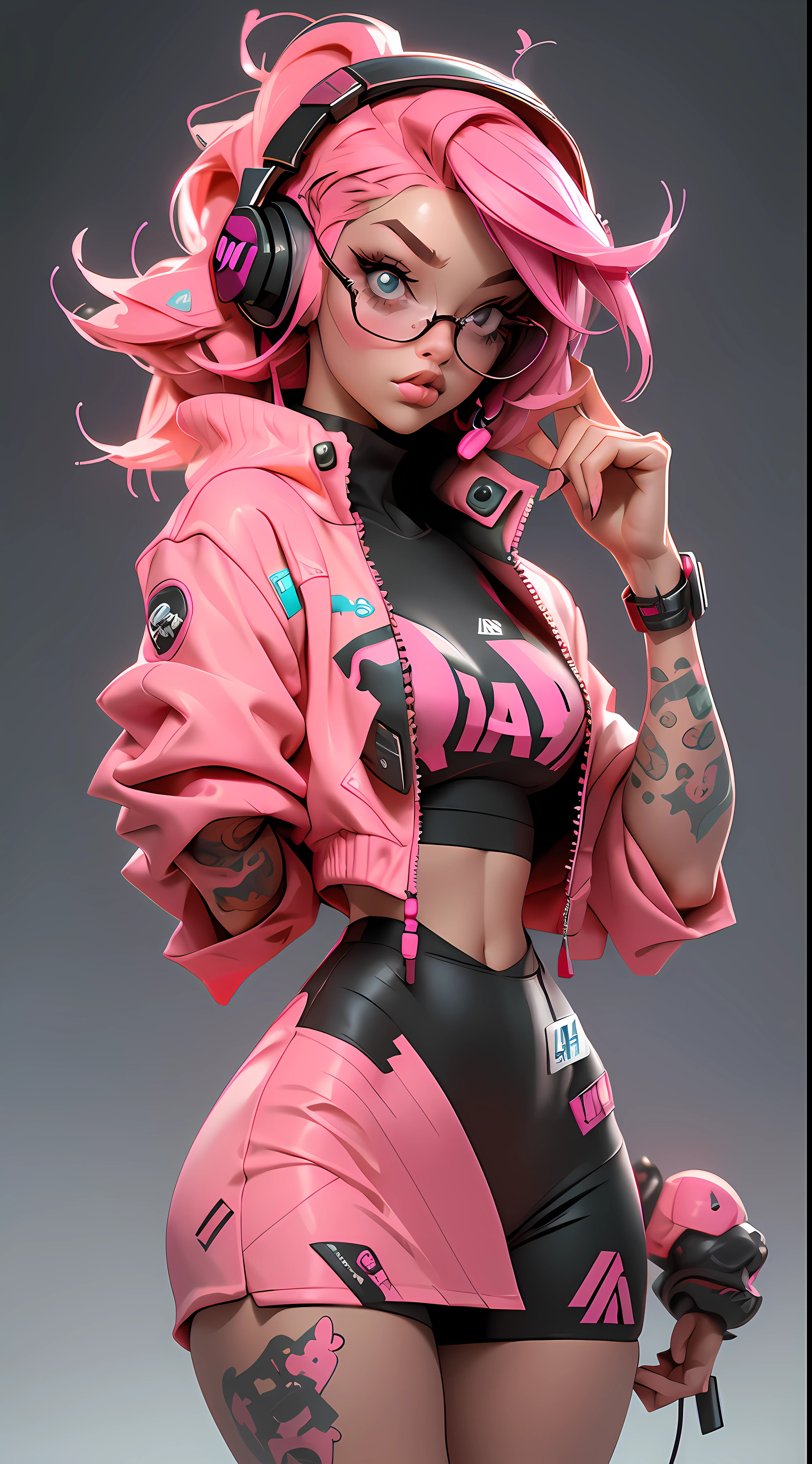 ((Best quality)), ((masterpiece)), ((realistic)) and ultra-detailed photography of a 1nerdy girl with neon headphones. She has ((pink hair)), is wearing an orange techwear jacket, and exudes a ((beautiful and aesthetic)) vibe.