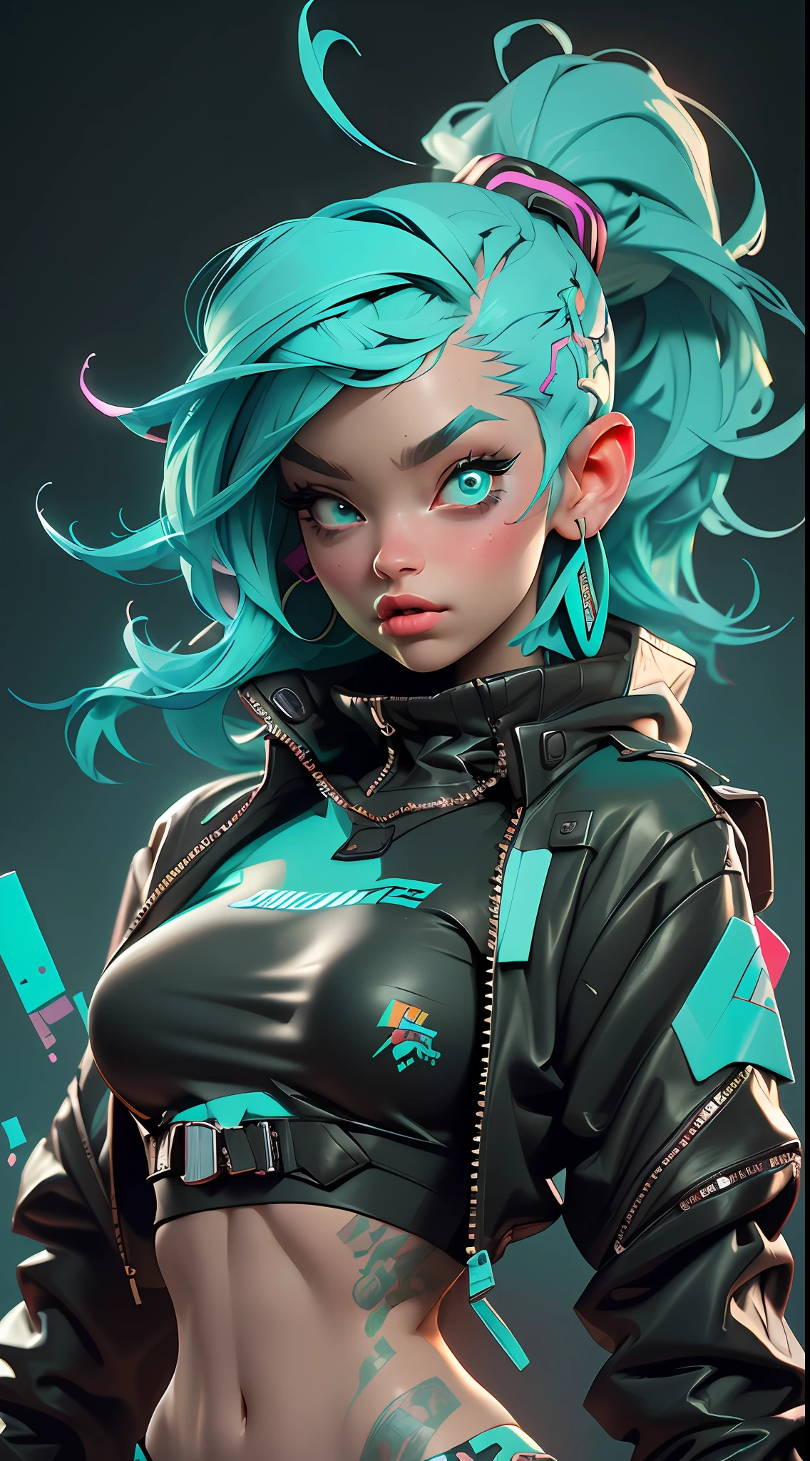 ((Best Quality)), ((Masterpiece)), ((Realistic)) and ultra-detailed photography of a 1nerdy girl with goth and neon colors. She has ((turquoise hair)), wears a techwear jacket and exudes a vibe ((beautiful and aesthetic)), sexy, underboobs, hot