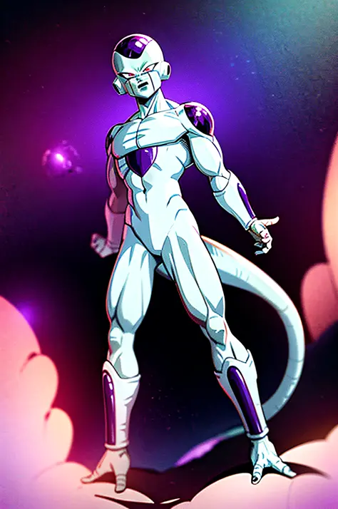 Frieza, solo, on the ground standing looking at the viewer Masterpiece, best quality, hyper realistic, 2 arms, 2 legs, 1 single tail, full body, red detailed eyes, purple aura around, purple rays around, planet exploding in the background