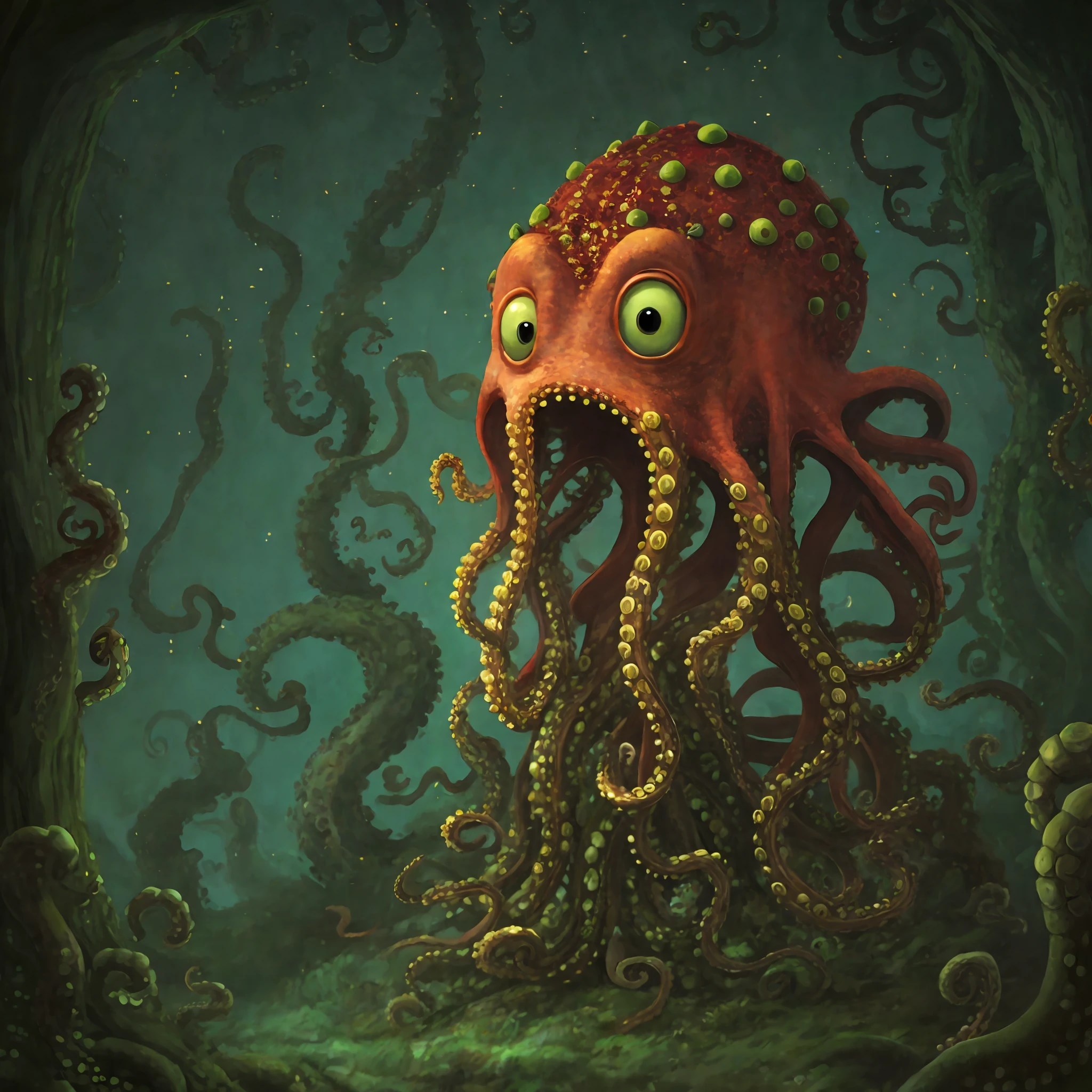 There is a cartoon octopus with a hat on its head with long wings on its back, anthropomorphic octopus, cyborg octopus, cthulu, tentacle monster, cthulu portrait, cthulhu squid, minion like lovecraft monster, crazy cuttlefish, cthulhu, tentacle creature mix, tentacle beast, lovecraftian monster, lovecraftian creature, ultra hd 16 k.