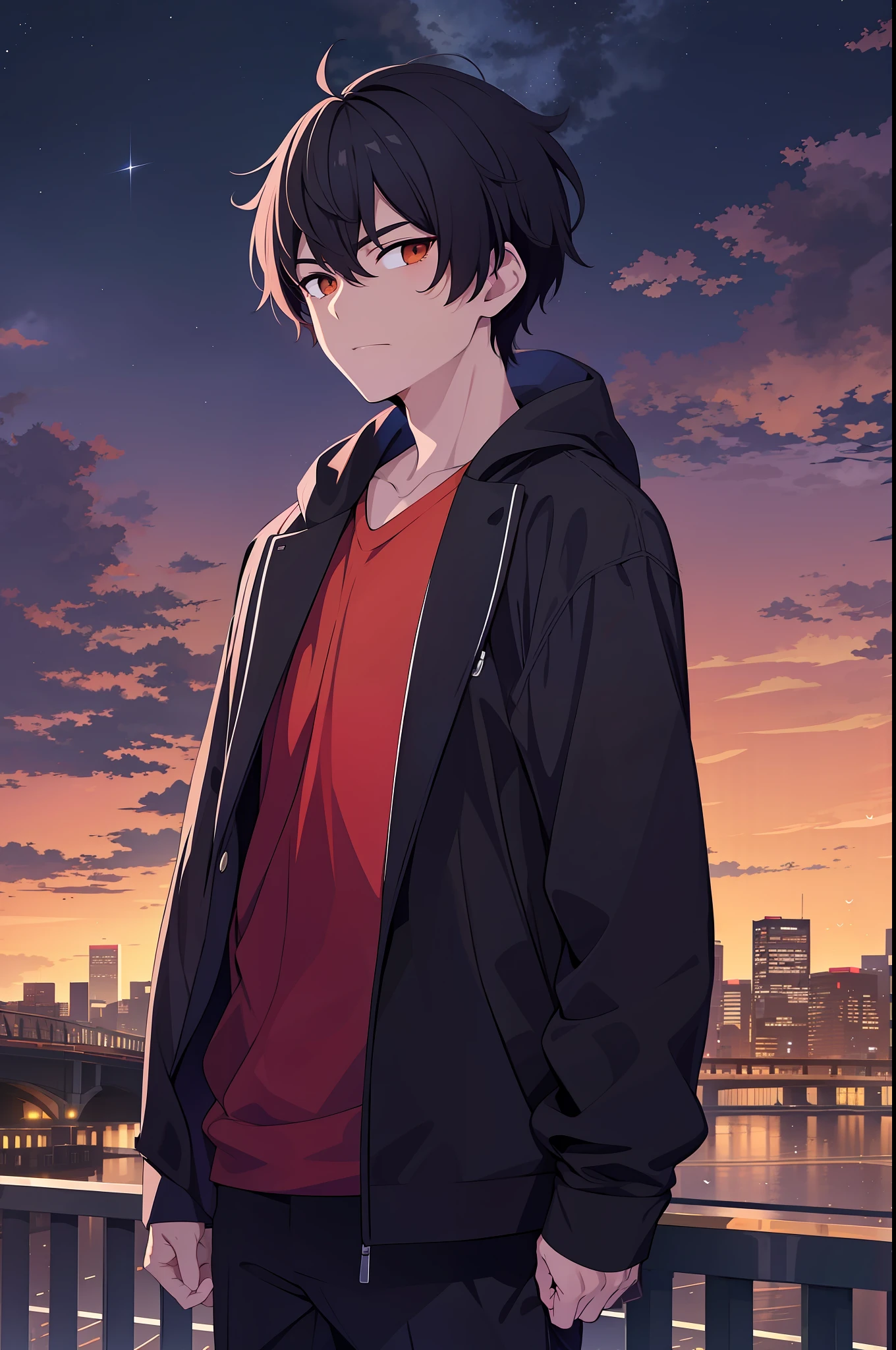 masterpiece, best quality, 1boy, black hair, standing, night sky, city, sunset, sky scrapers, bridge, black, red, orange, brown, autumn, haze,looking at viewer