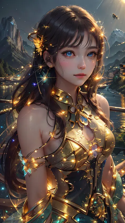 The best quality, masterpiece, high resolution,
1girl, detailed face, (upper body:1.6), network city, mountains and rivers, nigh...