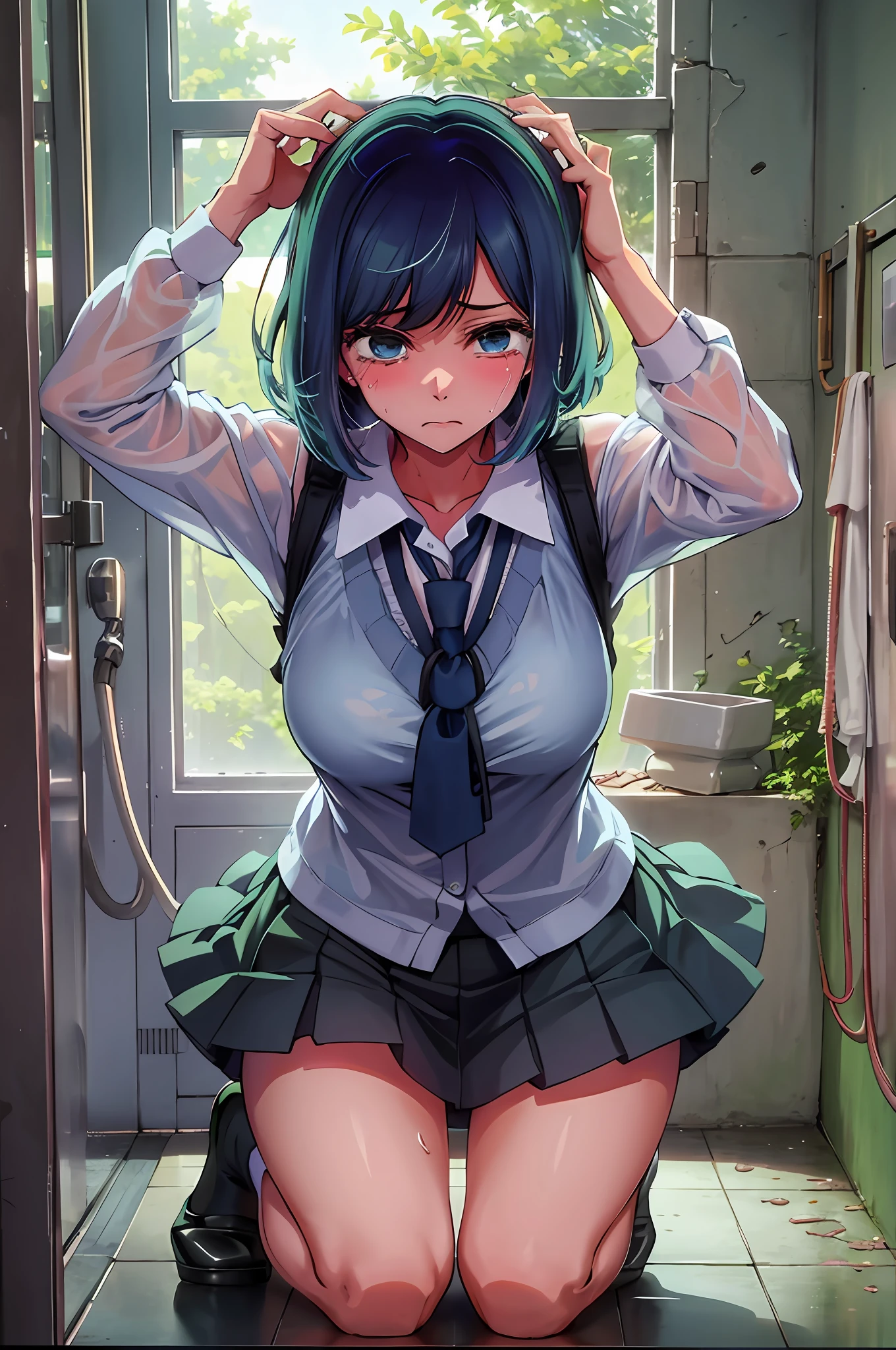 masterpiece, Best quality, High resolution, Ruined toilet, blue eyes, bob-cut blue hair, uniform, miniskirt, socks,,dress lift:2,show off panties, inner thigh, very transparent panties, water dripping from panties, very embarrassing, troubled expression, kneeling, standing kneeling, spreading legs with inner thighs, opening legs with inner thighs, standing, skirt fluttering in the wind, from below, focus on hips, Skirt twisting, skirt lifting, sweating, crying, tears