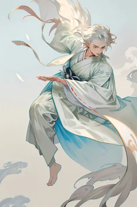 A boy, white Hanfu, long silver hair, delicate eye portrayal, handsome, fairy fluttering, holding a gorgeous umbrella, ancient s...