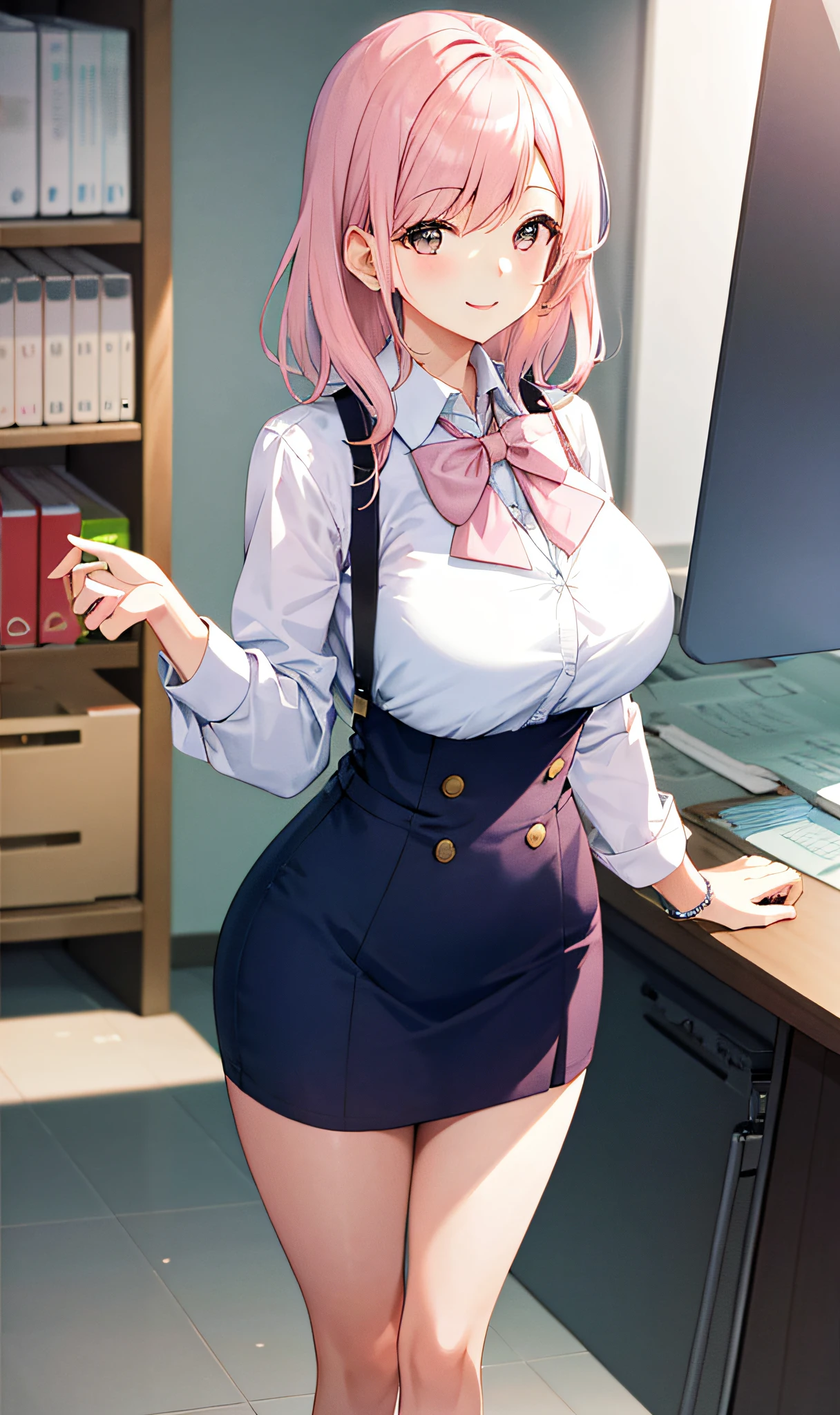 ((masterpiece, best)),(1girl),((mature woman)), light pink hair, dizzy, trumpet, ((office lady)), bangs, mid-chest, (full), slim, smiling, [wide hips] ,office,standing, aru \(blue archive\),