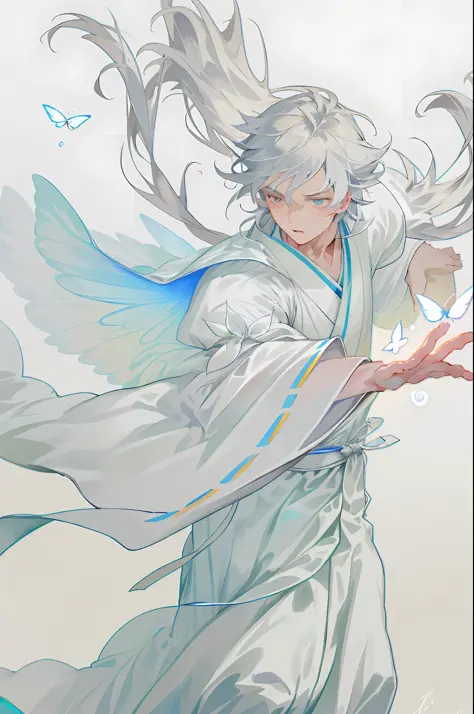 A boy, white Hanfu, long silver hair, delicate eye portrayal, handsome, fairy fluttering, ancient style, mist, floating, wide ro...