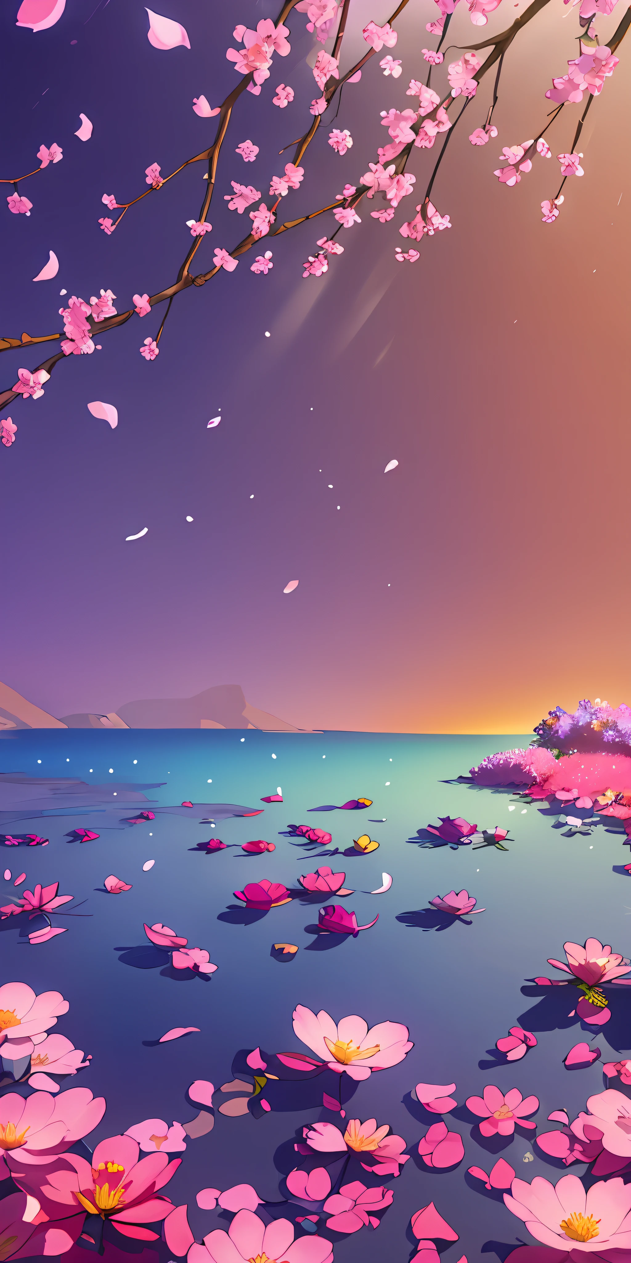 Obra de arte, melhor qualidade, (papel de parede muito detalhado do CG Unity 8k) (melhor qualidade), (melhor ilustração), (Melhores sombras) natureza&#39, mar azul,delicadas folhas, pétalas de várias cores caindo no ar, luz de rastreamento, Super detalhado , wanostyle --v6