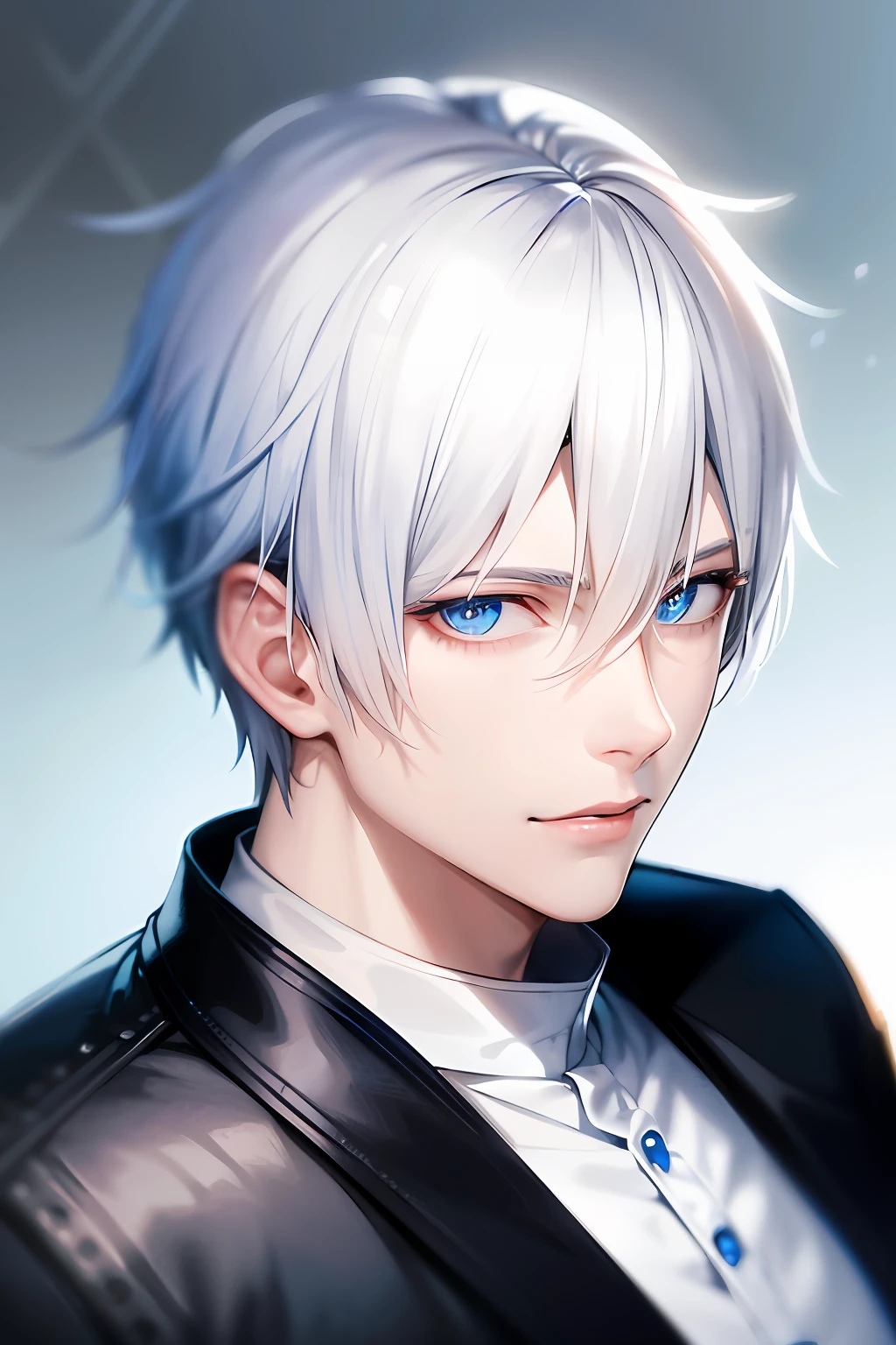 un primer plano de una persona con cabello blanco y ojos azules, un retrato de personaje, tendencia en pixiv, ¿qué es?, un hombre guapo，pelo corto negro, foto de perfil de discordia, concepto de personaje poco realista, ojos azules y cara delgada