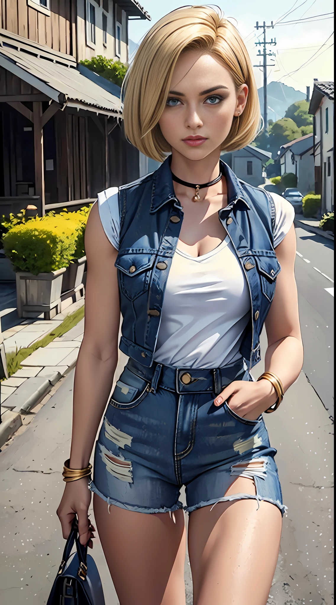 woman in her 20s, (android_18), (perfect face), defined jawline, beautiful lips, (short blonde straight bob cut hair), (beautiful bright blue eyes), (perfect anatomy), athletic body, (sexy), (perfect hands), (hands on waist), small simple gold earrings, (black shirt under unbuttoned blue denim vest), (long white striped sleeves), (denim skirt), (black pants), (medium shot photograph), (countryside village background), photorealistic